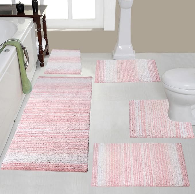 Home Weavers 100% Cotton Gradiation Collection Bathroom Décor | Washable Rug | Bathroom Mat | Kitchen Mat | Bathroom Rug Set | Bath Mat Set | Bath Floor Mat Non Slip, 5 Piece Set with Contour, Pink