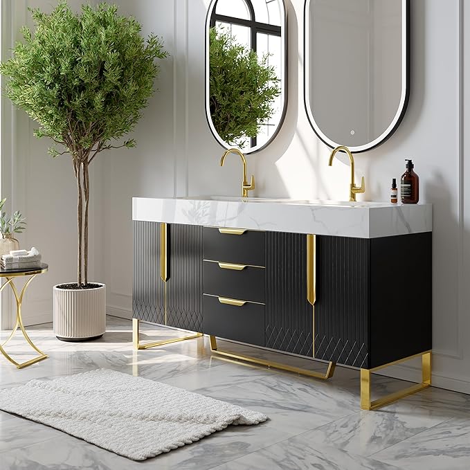 Bathroom Vanity with Sink, Modern Bathroom Vanity with Faux Marble Top, Gold Hardware & Soft-Close Drawers for Bathroom Storage (59.1 Inch, Black, Double Sink & Freestanding)
