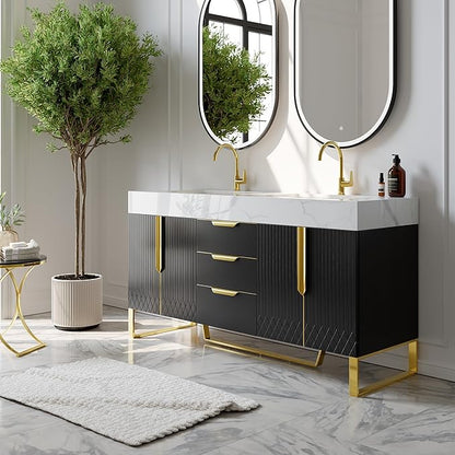 Bathroom Vanity with Sink, Modern Bathroom Vanity with Faux Marble Top, Gold Hardware & Soft-Close Drawers for Bathroom Storage (59.1 Inch, Black, Double Sink & Freestanding)