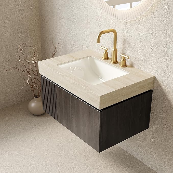 30" Floating Bathroom Vanity with Sink, Wall Mounted Storage Vanities with Drawer and Door, Roma Travertine-Pattern Top and 3 Pre-drilled Faucet Holes Basin, Pre-Assembled Cabinet, Espresso Woodgrain