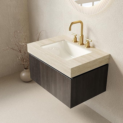 30" Floating Bathroom Vanity with Sink, Wall Mounted Storage Vanities with Drawer and Door, Roma Travertine-Pattern Top and 3 Pre-drilled Faucet Holes Basin, Pre-Assembled Cabinet, Espresso Woodgrain