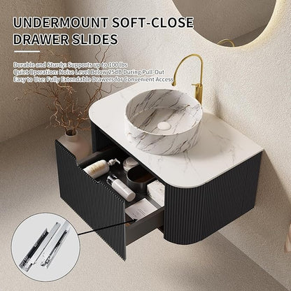 Yayzy 24" Floating Bathroom Vanity with Sink, Solid Wood Fluted Cabinet, White Marble-Patterned Ceramic Basin & Faux Marble Top, Soft-Close Drawer, Pre-Assembled, Gloss Black