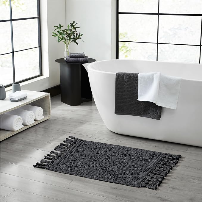Jean Pierre - Ricardo Bath Mat, Woven Fringe Bathroom Rugs, 100% Cotton, Premium Bathroom Decor - Measures 27" x 52" - Black