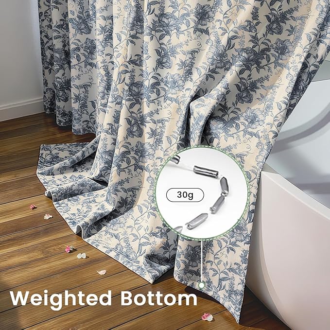 Farmhouse Blue Floral Shower Curtain with 12 Clear Rings 72"W x 72"L | Boho Fabric Faux Linen Shower Curtain Set, Vintage Cottagecore Shower Curtain for Bathroom