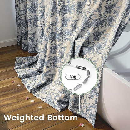 Farmhouse Blue Floral Shower Curtain with 12 Clear Rings 72"W x 72"L | Boho Fabric Faux Linen Shower Curtain Set, Vintage Cottagecore Shower Curtain for Bathroom