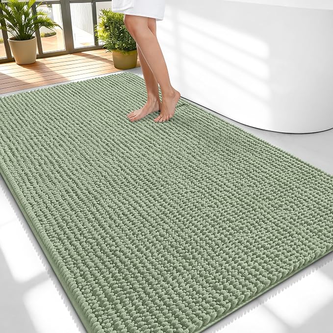OLANLY Thick Chenille Large Bathroom Rugs Mats 59x35, Sage Green | Soft Absorbent Bath Rugs, Rubber Backing, Machine Wash Dry, Bath Mats for Bathroom, Tub and Shower, Home Decor Accessories
