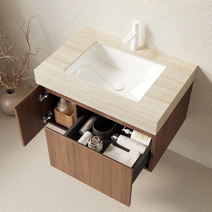 KEIKI 30 Inch Floating Bathroom Vanity with Sink, Modern Wall Mounted Storage Cabinet with Drawer, Pre-assembled Waterproof Wood Panels, Sintered Stone Top & Ceramic Basin Combo Set, Brown Oak & Beige