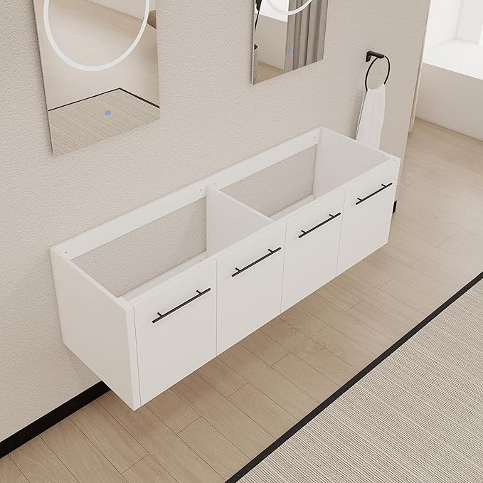 60 Inch Floating Bathroom Vanity,60" Bathroom Vanity Without Sink,Modern Bathroom Vanity Cabinet,White Wall Mounted Cabinet(Sink Basin Not Included)
