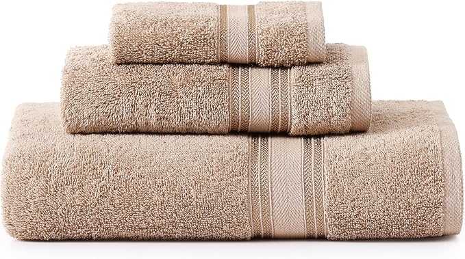 LANE LINEN Large Bath Towel Set Absorbent Quick Dry 100% Cotton - Taupe | Cotton Towels - Fade-Resistant Color, Classic Terry Weave, Densely Woven, Coordinated Colors, Dobby Border Accent