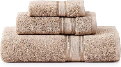 LANE LINEN Large Bath Towel Set Absorbent Quick Dry 100% Cotton - Taupe | Cotton Towels - Fade-Resistant Color, Classic Terry Weave, Densely Woven, Coordinated Colors, Dobby Border Accent