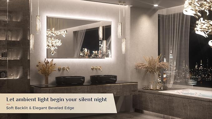 Keonjinn 55" x 30" Backlit Bathroom Mirror with Lights, HD Tempered Glass | Beveled Edge, 3 Colors Lights Warm/Natural/White, Dimmable, Auto-OFF Defogging, Smart, Frameless LED Mirror for Bathroom