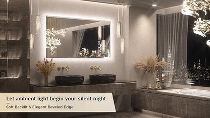 Keonjinn 55" x 30" Backlit Bathroom Mirror with Lights, HD Tempered Glass | Beveled Edge, 3 Colors Lights Warm/Natural/White, Dimmable, Auto-OFF Defogging, Smart, Frameless LED Mirror for Bathroom