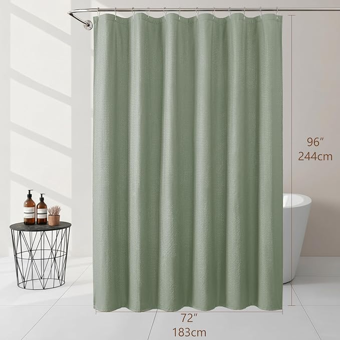 Extra Long Sage Green Shower Curtain 96 Inch Long 1 Piece, Waffle Embossed Textured Fabric Shower Curtain for Bathroom Large Hotel, Water Resistant, Machine Washable, 72Wx96L Inches