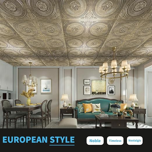 Art3d 12-Pack 2 x 2 ft Drop Ceiling Tiles for Interior Decor, Antique Gold | PVC, Waterproof, Lightweight, Shatterproof, Anti-Fade, Compatible with Grid System, Ideal for Kitchen, Bathroom, Basement