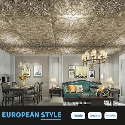 Art3d 12-Pack 2 x 2 ft Drop Ceiling Tiles for Interior Decor, Antique Gold | PVC, Waterproof, Lightweight, Shatterproof, Anti-Fade, Compatible with Grid System, Ideal for Kitchen, Bathroom, Basement