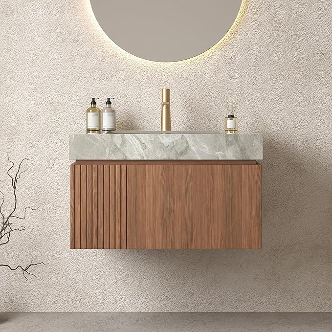 Bathroom Vanity with Sink 30 Inch, Floating Bathroom Vanity Sink Cabinet with Drawer and Door, Undermount Sink & Light Gray Sintered Stone Top, Pre-Assembled,Brown Oak