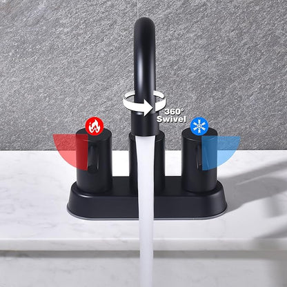 Matte Black Bathroom Faucet 2 or 3 Hole, 2 Handle 4 Inch Centerset Stainless Steel Bathroom Sink Faucet with Pop up Drain and Supply Lines, Black Faucet for Bathroom, Restroom, Vanity, Rv