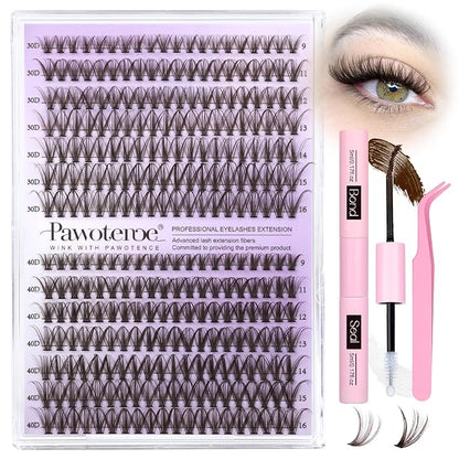 Lash Extension Kit DIY 280pcs Brown Lash Clusters Eyelash Extension Kit 30D 40D 9-16mm Individual Lashes Kit with Lash Bond and Seal Lash Tweezers for Self Use (Brown 30D 40D, 9-16mm, Kit)