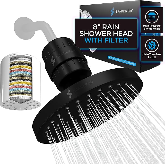 SparkPod Filtered Shower Head, 23-Stage, 8" Round, Black Matte | Showerhead for Hard Water, High Pressure, Reduces Chlorine, Heavy Metals, For Dry Skin & Hair, Removable Capsule Filter