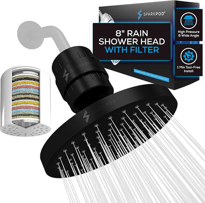 SparkPod Filtered Shower Head, 23-Stage, 8" Round, Black Matte | Showerhead for Hard Water, High Pressure, Reduces Chlorine, Heavy Metals, For Dry Skin & Hair, Removable Capsule Filter