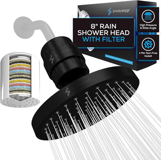 SparkPod Filtered Shower Head, 23-Stage, 8" Round, Black Matte | Showerhead for Hard Water, High Pressure, Reduces Chlorine, Heavy Metals, For Dry Skin & Hair, Removable Capsule Filter