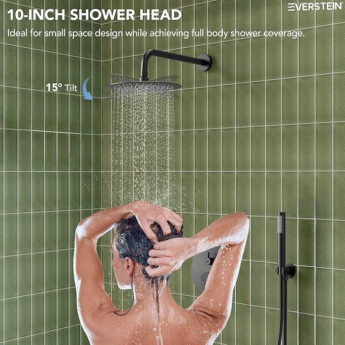 10" High-Pressure Rainfall Shower System with Handheld Spray, Wall Mount Bathroom Shower Faucet Set with Tub Spout (Matte Black)