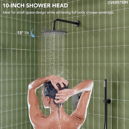 10" High-Pressure Rainfall Shower System with Handheld Spray, Wall Mount Bathroom Shower Faucet Set with Tub Spout (Matte Black)