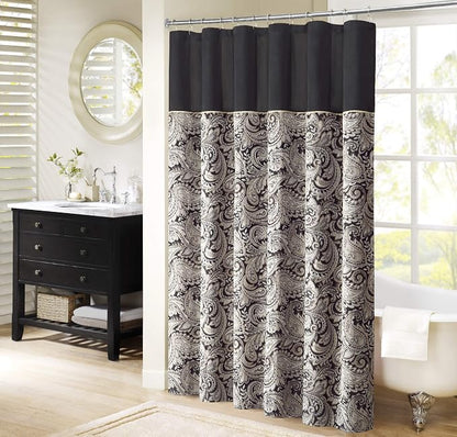 Madison Park - MP70-845 Aubrey Shower Curtain Paisley Jacquard Pieced Microfiber Faux Silk Modern Home Bathroom Decorations Bathtub Privacy Screen, 72" x 72", Black | Microfiber, Adds Privacy, Machine Washable, Striped Pattern, OEKO-TEX Certified