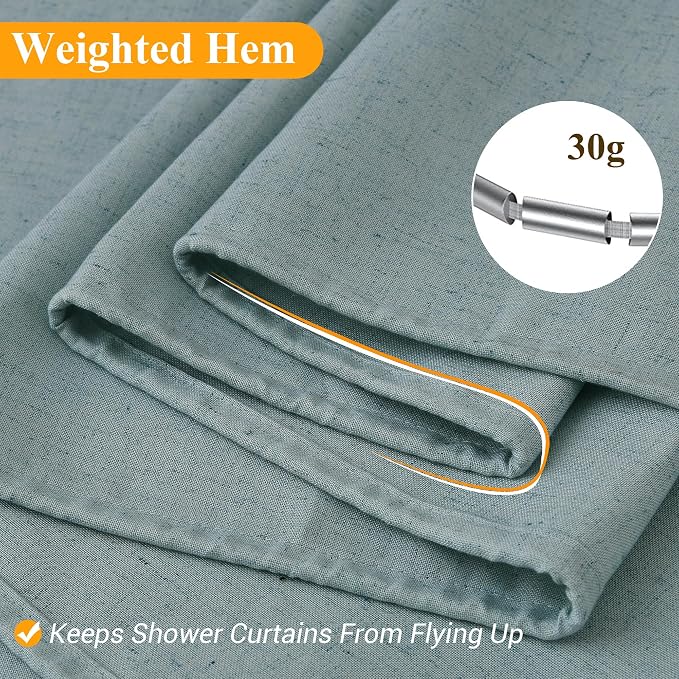 Light Blue Linen Shower Curtain, Country Boho Farmhouse Bath Decor Shower Curtains Neutral Cloth Weighted Textured Fabric Bath Curtain Liner with Hooks, 72x78