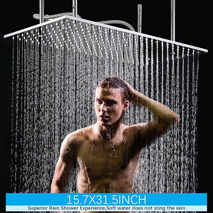 Bathroom Shower System, 16X32 inches Ceiling Mount Thermostatic Large Rain Shower with Adjustable Flow Body Jets, Multi Shower Jets System Can Run All At Once (Chrome)
