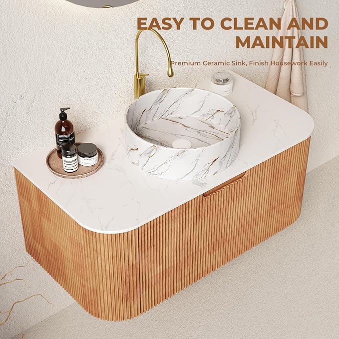 LKTART 36 Inch Floating Bathroom Vanity with Sink, Modern Wall Mounted Bathroom Storage Cabinet with Drawer, Stone Pattern Round White Ceramic Sink Top and Marble Texture Top, Natural Wood
