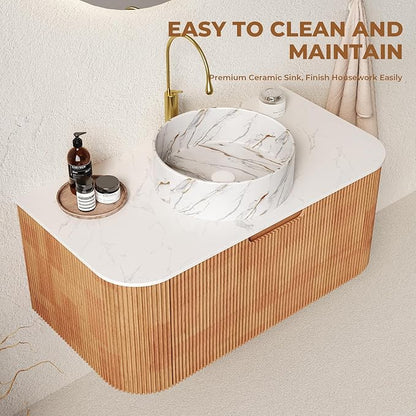 LKTART 36 Inch Floating Bathroom Vanity with Sink, Modern Wall Mounted Bathroom Storage Cabinet with Drawer, Stone Pattern Round White Ceramic Sink Top and Marble Texture Top, Natural Wood