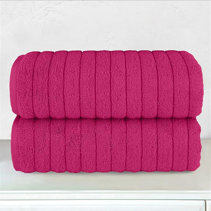 Elegant Comfort 100% Turkish Cotton Corduroy Ribbed Luxury Soft 2 Pack Bath Towels 27 x 54 Inch - Ultra Plush, Absorbent, Quick Dry, Hotel Spa Quality Towels for Bathroom Essentials, Hot Pink