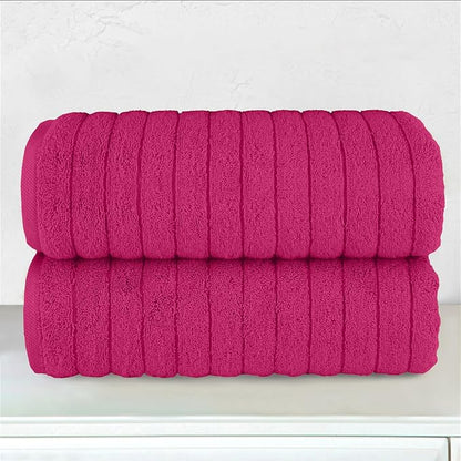 Elegant Comfort 100% Turkish Cotton Corduroy Ribbed Luxury Soft 2 Pack Bath Towels 27 x 54 Inch - Ultra Plush, Absorbent, Quick Dry, Hotel Spa Quality Towels for Bathroom Essentials, Hot Pink