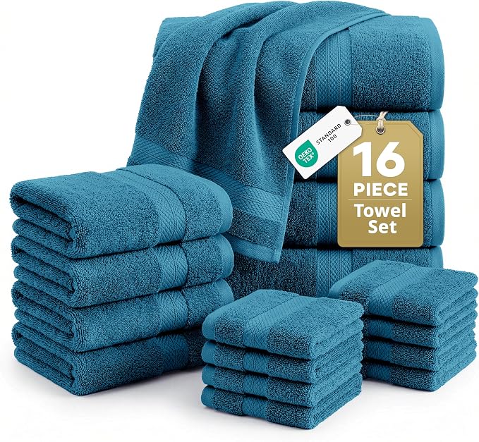 LANE LINEN Bath Towel Set 100% Cotton 16 Piece Soft Absorbent - Sea Port | Bath Towels Large Set -, Terry Weave Comfort, Soft & Long-Lasting, Hotel-Style Look, Machine Washable