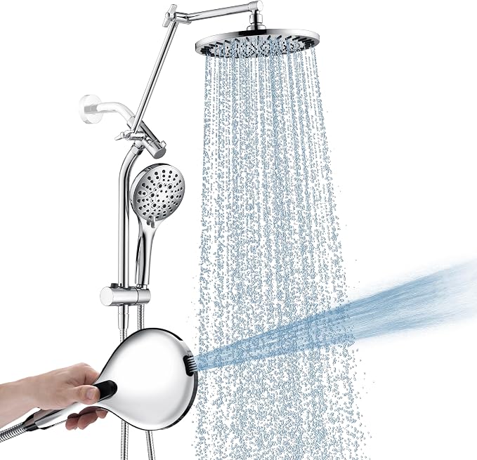 BRIGHT SHOWERS Rain Shower System with Handheld, High Pressure Dual Shower Head Combo, 9-Spray Modes, Adjustable Slide Bar & Extension Arm, 3-Way Diverter, Built-in Power Wash, 69" Hose, Chrome