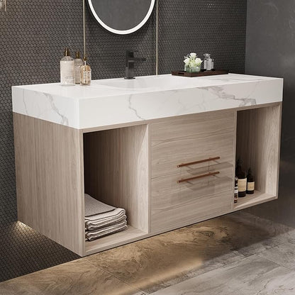 Pvillez 40 inch Bathroom Vanity with Ceramic Sink and Sinter Stone Marble Counter Top Modern Wall Mounted Floating Bathroom Sink Cabinet with 2 Drawers&2 Open Shelves&Gold Metal Handle,Oak