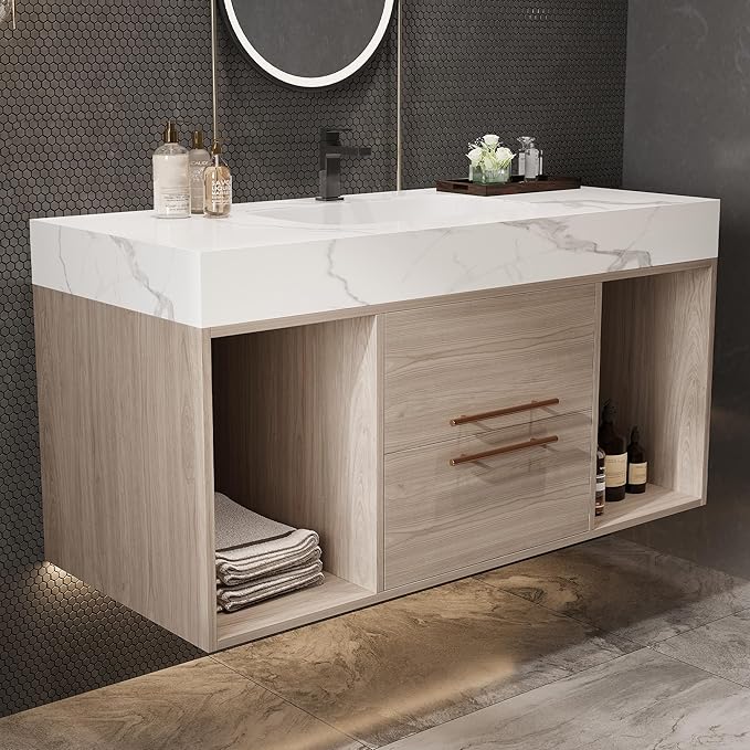 40" Modern Oak Bathroom Vanity Floating Bathroom Vanities with Ceramic Sink 40-inch Wall Mounted Bathroom Sink Cabinet with 2 Drawers&2 Open Shelves&Gold Metal Handle