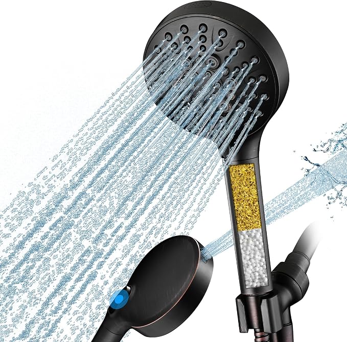 BRIGHT SHOWERS Filtered Shower Head with Handheld, High Pressure 9 Spray Mode Showerhead with Long Hose and Bracket, Water Softener Filters Beads for Hard Water - Removes Chlorine, Oil-Rubbed Bronze