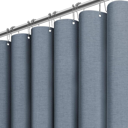 Long Linen Textured Waterproof Shower Curtain Set, 72x84, Blue Gray | Tall Size, 230GSM Polyester, Heavy Duty Cloth, Weighted Hem, 12 Plastic Hooks, Modern Luxury Hotel Style, Machine Washable