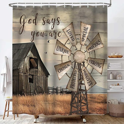 Western Barn Windmill Shower Curtain Sets for Bathroom,Rustic Inspirational Quotes Country Vintage Shower Curtains, Waterproof Farmhouse Bathroom Bathbub Decor Curtains with Hooks 60X70IN