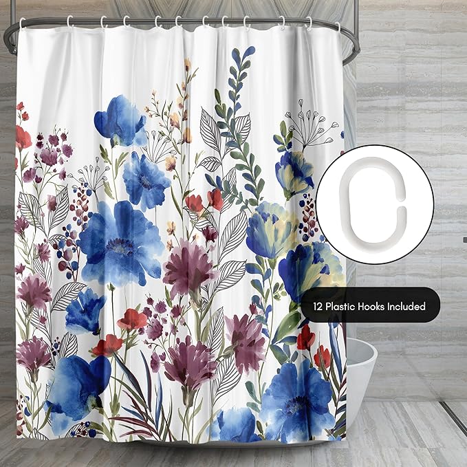 Americanflat 71x74 Floral Shower Curtain - Water-Resistant Long Shower Curtain with Metal Grommets and 12 Hooks - 100% Polyester - Botanical Bathroom Curtains - Blue, Purple, Crimson, Green and White