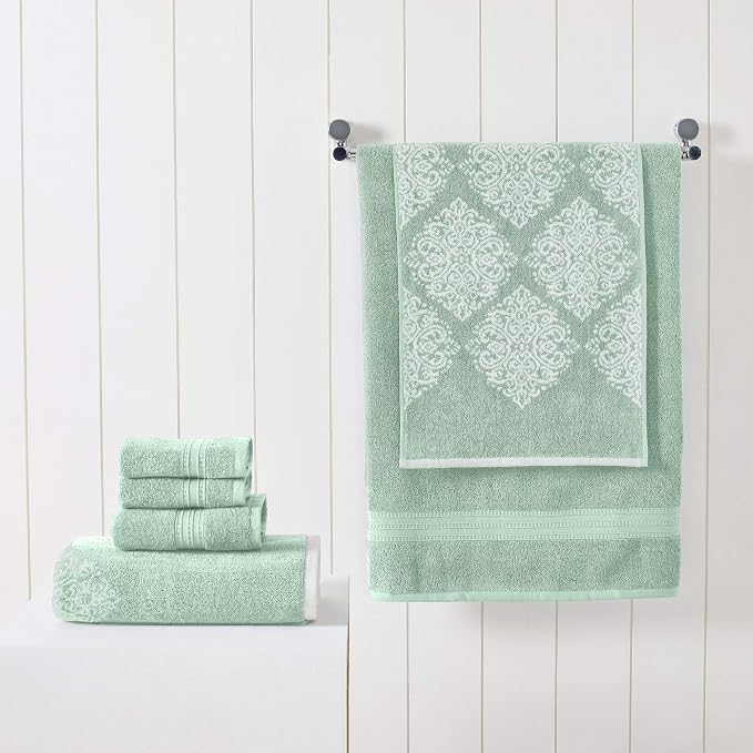 Modern Threads 6-Piece 100% Cotton Damask Medallion Towel Set, Sage | Highly Absorbent, Soft & Plush, Quick-Drying, 550 GSM, Color-Rich Yarn-Dyed Design, OEKO-TEX Certified