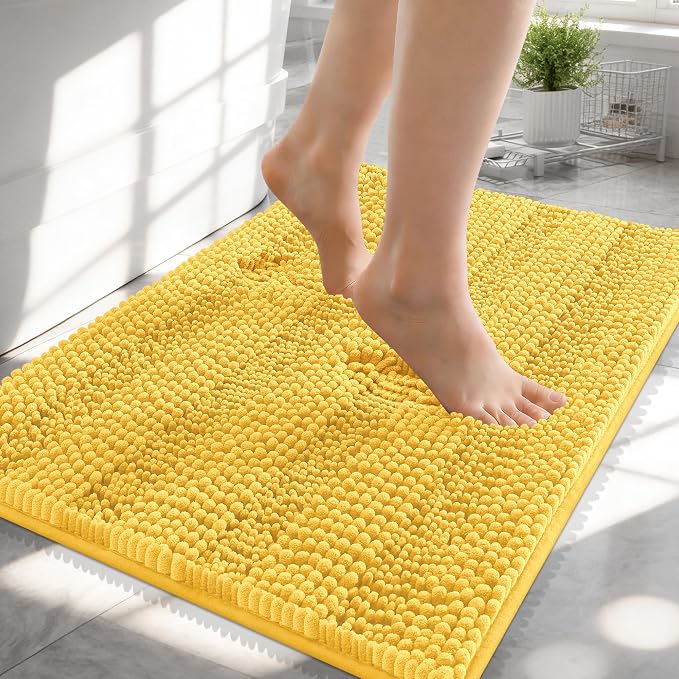 OLANLY Thick Small Bathroom Rugs 24x16, Soft Chenille Bath Rugs, Yellow | Rubber Backing, Machine Wash, Extra Absorbent Striped Bath Mats for Bathroom Floor, Tub and Shower, Home Decor Accessories