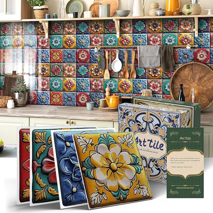 Tile Decals with Vibrant Flower Designs, 6X6IN-12 Pcs | 1.6mm-Thick FOAM+PE Tiles,Strong Adhesive, Waterproof Sticker Decals for Kitchen,Bathroom,Cabinets