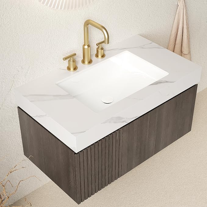 KEIKI 36 Inch Floating Bathroom Vanity with Sink, Espresso & White | Modern Wall Mounted Storage Cabinet w/ Drawer & Door, Pre-assembled Wood Panels, Sintered Stone Top & Ceramic Basin Combo Set