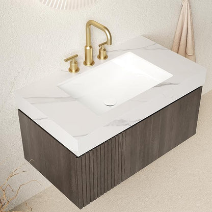 KEIKI 36 Inch Floating Bathroom Vanity with Sink, Espresso & White | Modern Wall Mounted Storage Cabinet w/ Drawer & Door, Pre-assembled Wood Panels, Sintered Stone Top & Ceramic Basin Combo Set