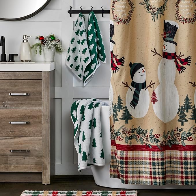SKL Home Christmas/Winter Holiday Trees Hand Towel Set-2pc, Green/White | 100% Cotton. 500 GSM. Soft & absorbent. Reversible jacquard pattern. Great for the bathroom, kitchen or bar & gifting.