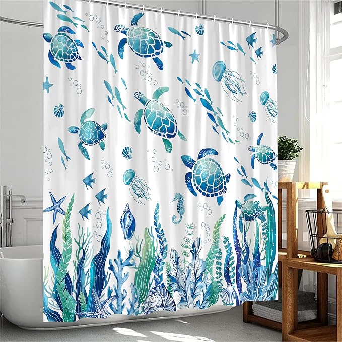 Nautical Sea Turtle Shower Curtain Cute Kids Coastal Shower Curtain Set with Waterweed Jellyfish for Bathroom Decor Waterproof Machine Washable Shower Curtains with 12 Hooks, 72x72 Inch