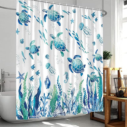 Nautical Sea Turtle Shower Curtain Cute Kids Coastal Shower Curtain Set with Waterweed Jellyfish for Bathroom Decor Waterproof Machine Washable Shower Curtains with 12 Hooks, 72x72 Inch